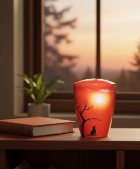 Preview: Red pet urn dog under tree silhouette at sunset. A dignified, emotional keepsake for your beloved darling. Create a stylish memorial at home – order yours today.
